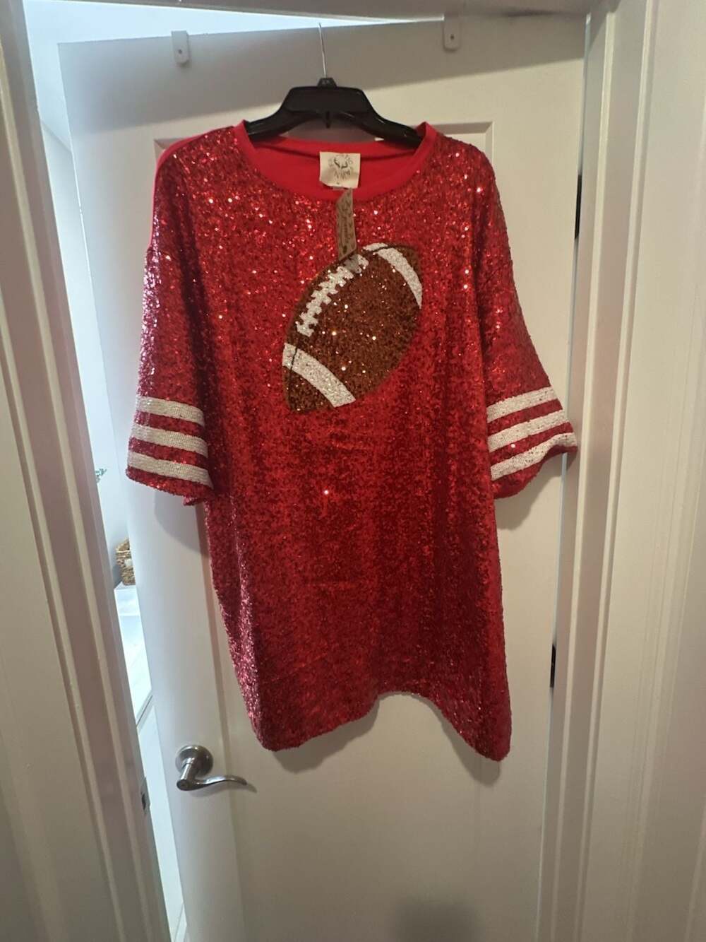 Fantastic Fawn Red Sequin Football Jersey Dress